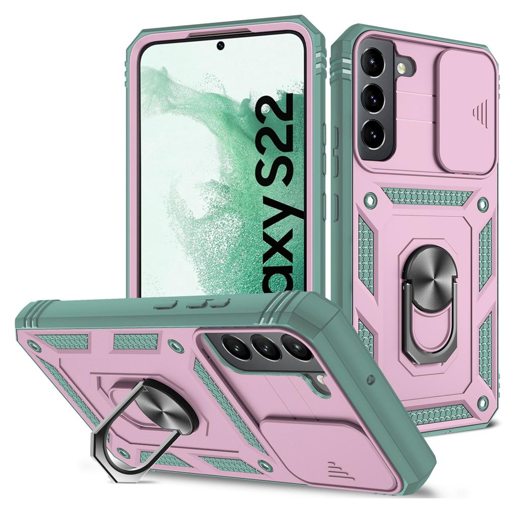 Galaxy S22 5G Hülle, Schiebe Kamera Schutz Robust Rüstung Stoßfest Schutzhülle mit Ringhalterung Ständer Kartenhalter für Samsung Galaxy S22 ...