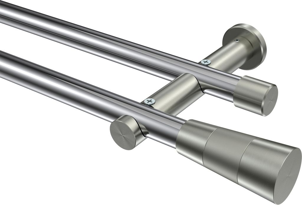 Interdeco Gardinenstange / Vorhangstange Chrom / Edelstahl-Optik, Typ Platon Tanara (Konus) ohne Ringe, 20 mm Ø 2-läufig, 220 cm