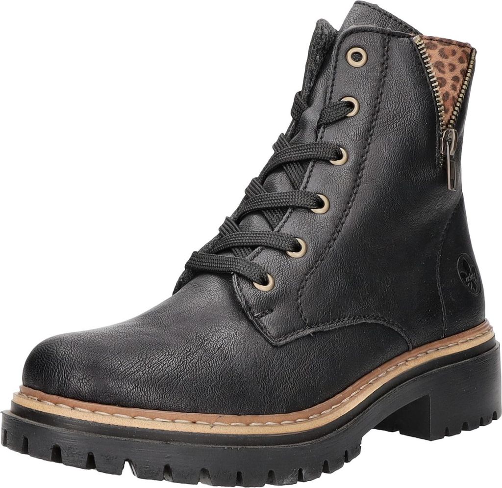 A black leather boot with laces and a leopard print lining.