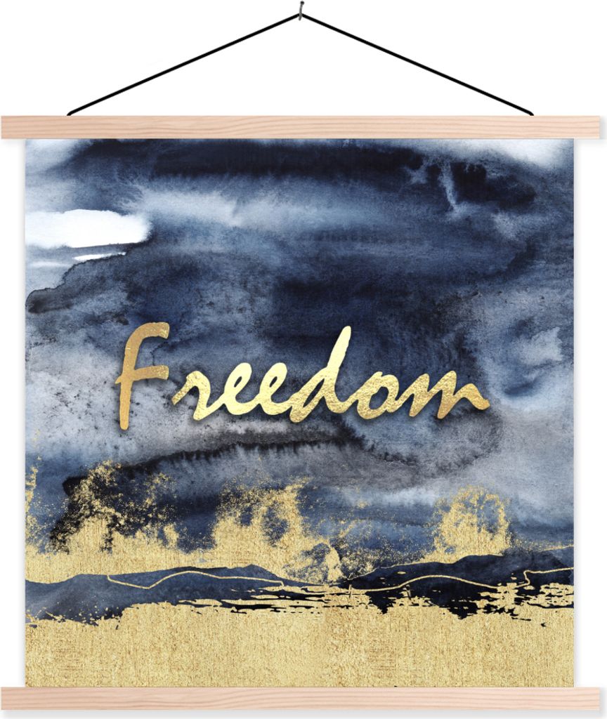 MuchoWow Textilposter Zitat - Freiheit - Gold - Schwarz 40x40 cm mit holzfarbenen Rahmen - Posterleiste