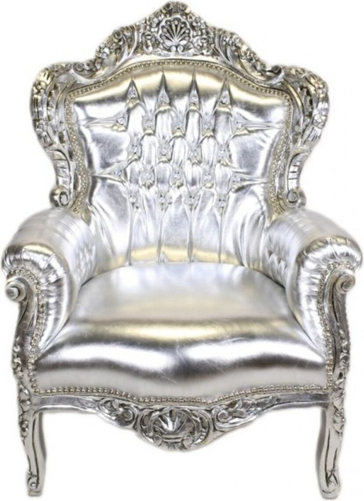 Casa Padrino Barock Sessel "King" Silber / Silber Lederoptik mit Bling Bling Glitzersteinen