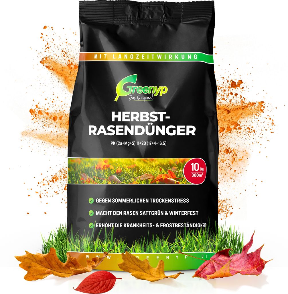Greenyp Herbstrasendünger Langzeit I 20kg / 600m² I mit 90 Tage Langzeitwirkung + extra Kalium I macht den Rasen Winterfest I Herbstdünger Rasen