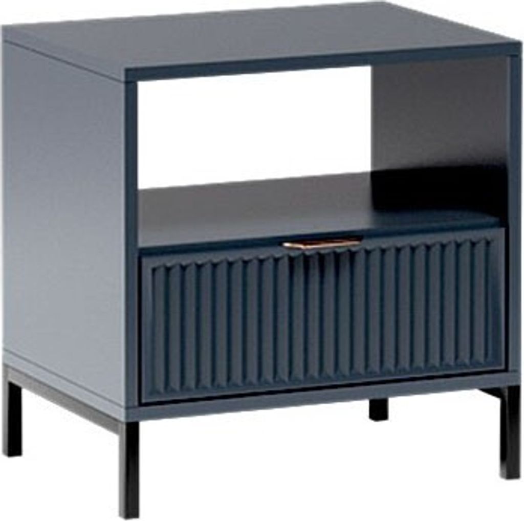 A dark blue nightstand with a drawer and an open shelf, shown against a white background.