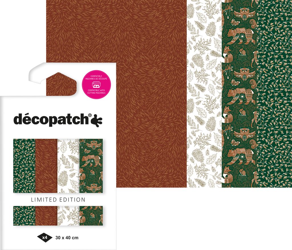 Décopatch Pocket Hot-Foil Collection Forest, 4er Set, 30 x 40 cm, Bastelpapier
