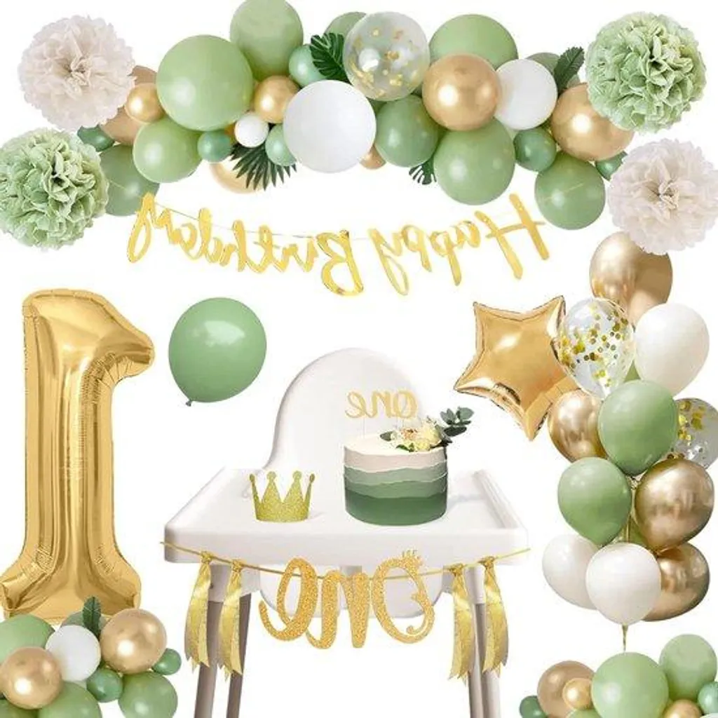 Kit Déco Anniversaire 1 An : Décorez Facilement en Vert, Blanc et Or