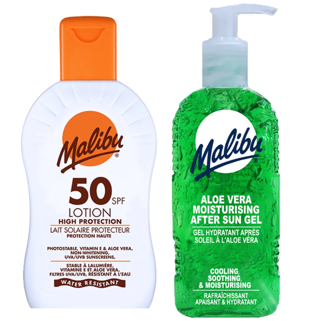 Kit Solare Malibu SPF50 200ml e Gel Aloe Vera 200ml - Skincare Estiva