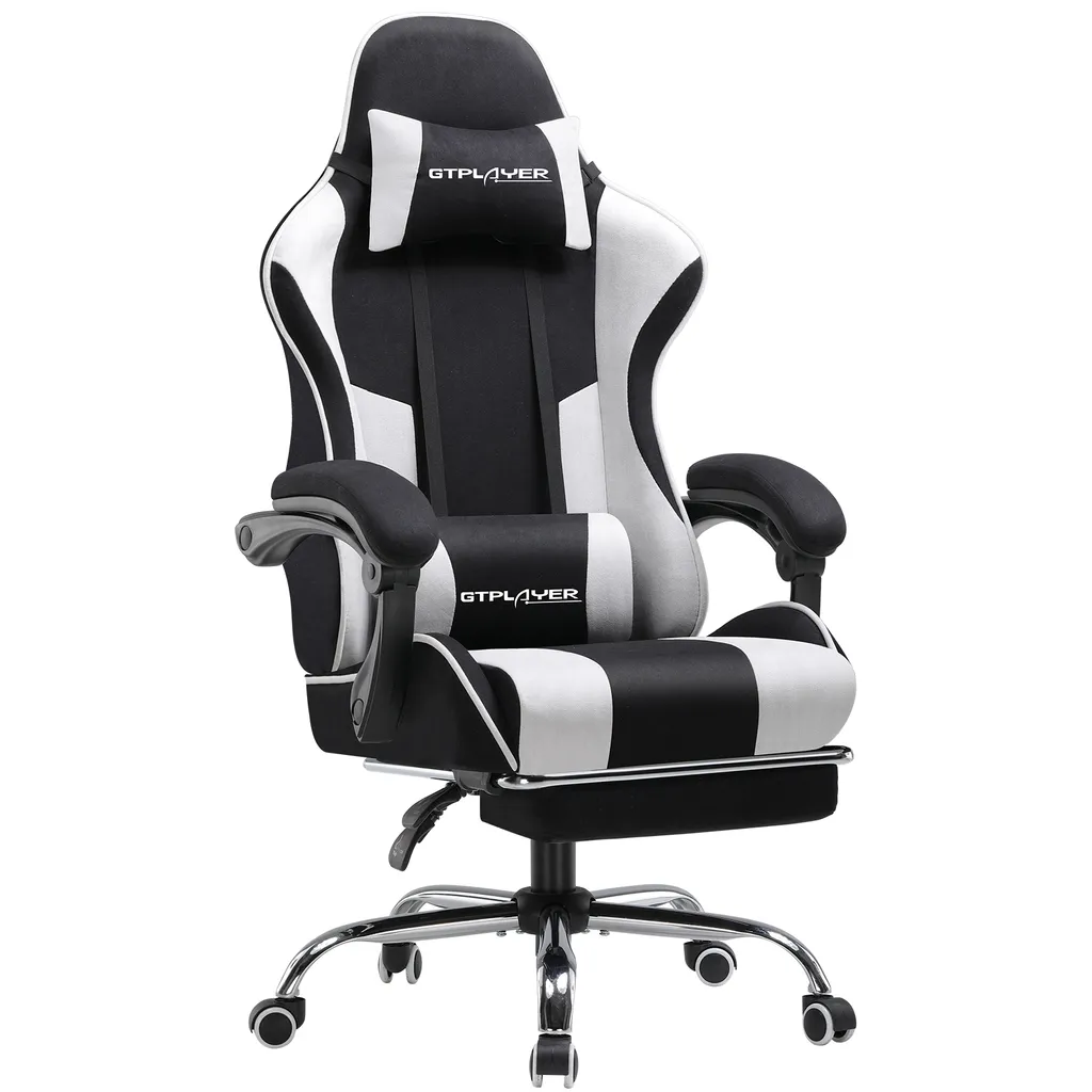 GTPLAYER Chaise Gaming en Tissu Blanc - Fauteuil Ergonomique avec Repose-pieds