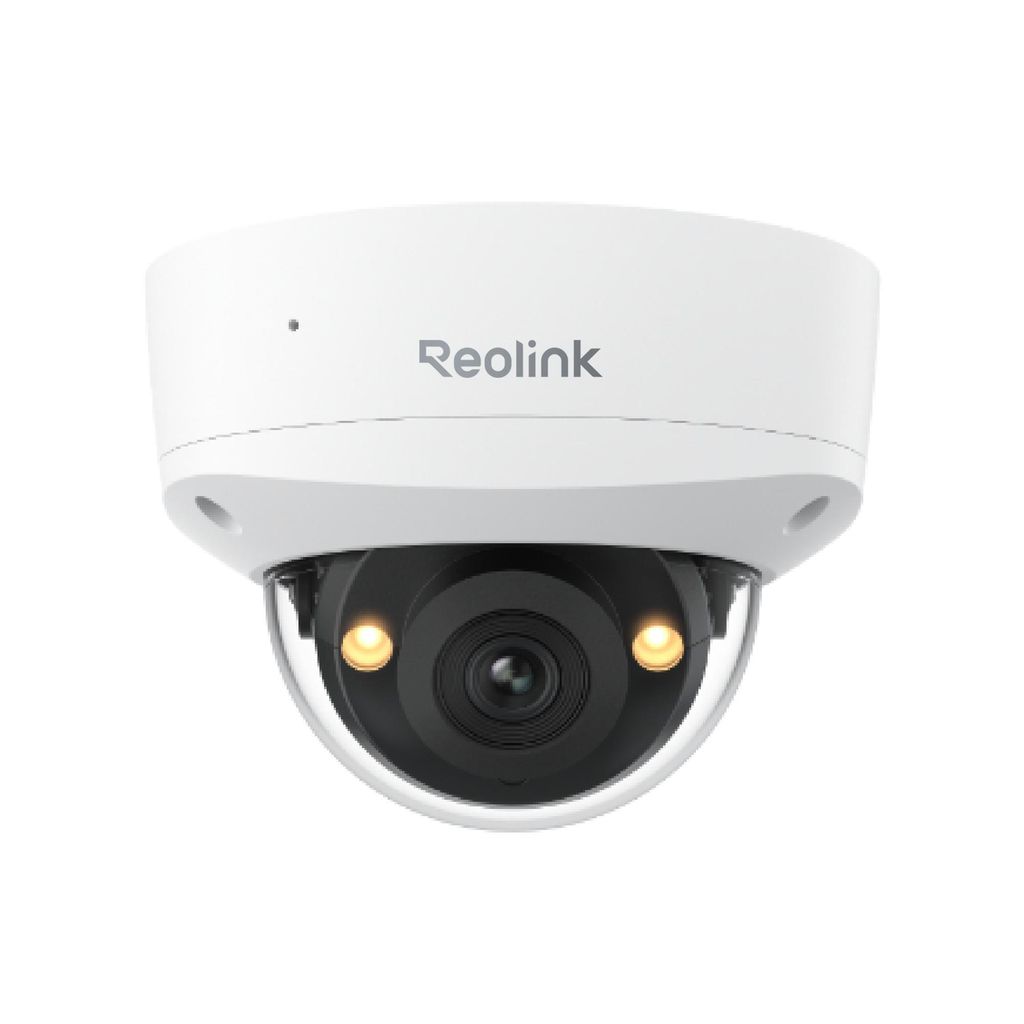 A white dome security camera with a black lens and two illuminated IR LEDs.