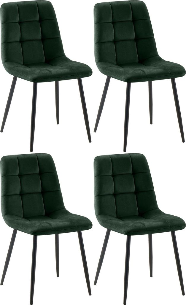 Four green upholstered dining chairs with black metal legs are arranged in a two-by-two grid against a white background.