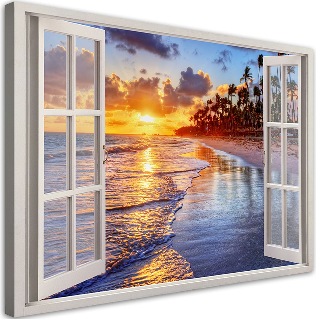 Leinwandbild Blick aus dem Fenster Meer Sonnenuntergang 120x80 Feeby Blau bild für die wand bereit zum aufhängen