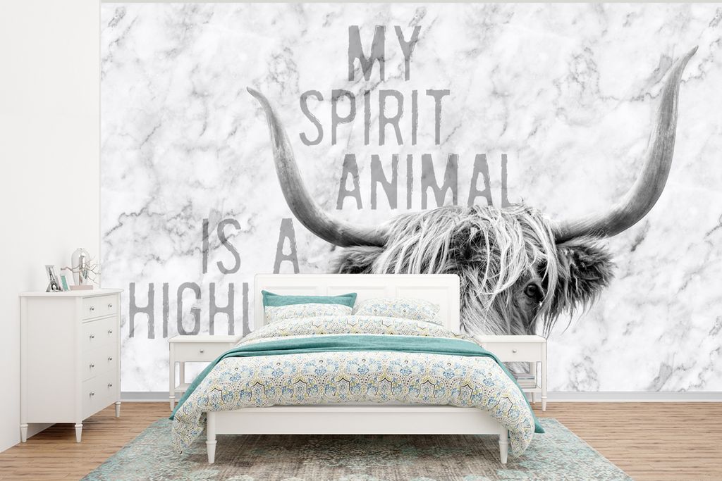 MuchoWow Fototapete für Wohnzimmer oder Schlafzimmer Wandtapete Vinyl Motivtapete Schottischer Highlander - Zitat - Marmor - 400x300 cm - Papier...