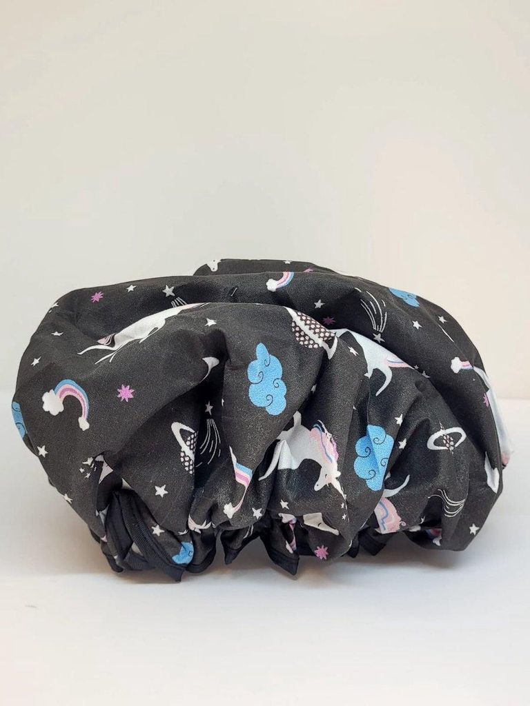 Jumada's – Wasserdichte doppellagige Badekappe für Erwachsene – Schwarz mit bunten Einhorn- und Pony-Motiven – schöne und dicke Duschkappen