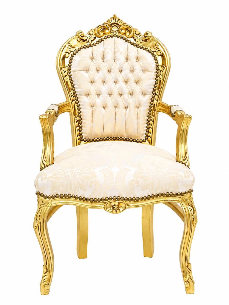 Barockstuhl Barock Stuhl Armlehne Creme Gold Stoff Produktbild 