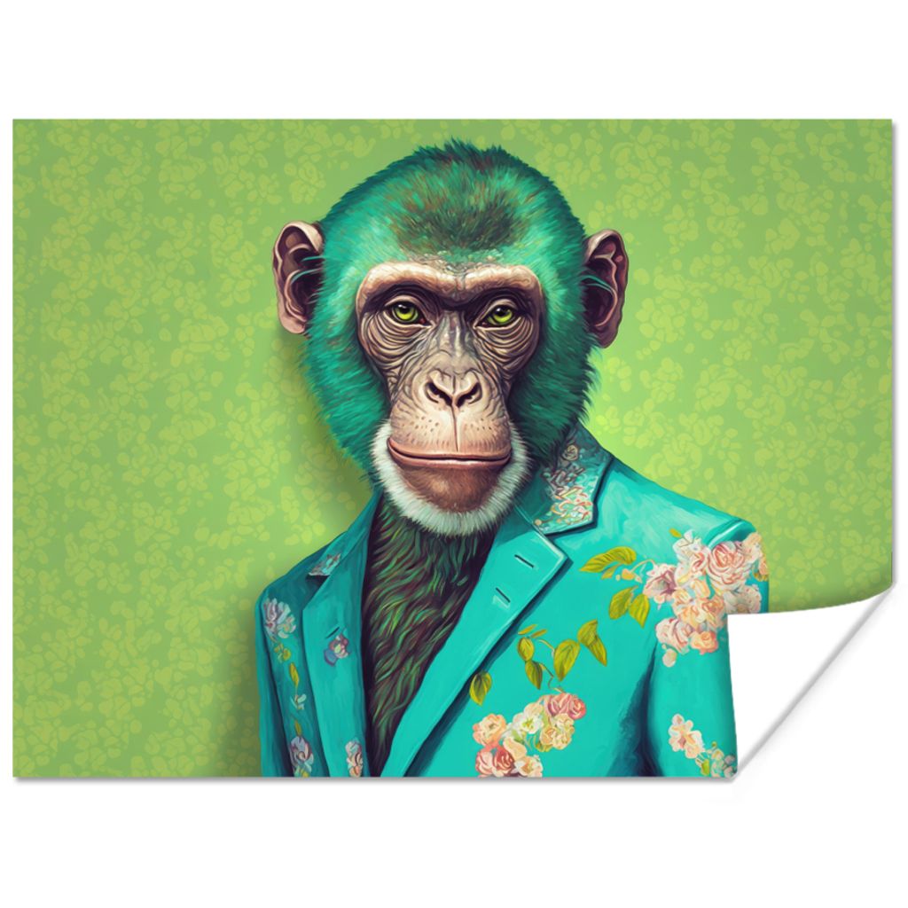 MuchoWow Poster Affe - Colbert - Blumen - Neon - Porträt 120x90 cm - Wandbild