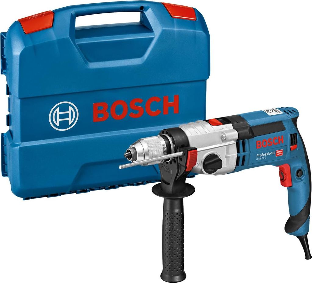 A Bosch hammer drill and its blue carrying case are displayed against a white background.