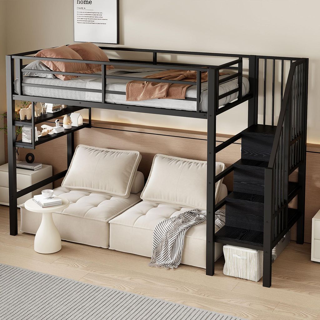 MODFU Hochbett 90×200 mit Geländer,Etagenbetten mit Freiraum unter dem Bett zum Verkleiden,Einzelbett mit Einlegeböden und Stauraumleiter,ohne M...