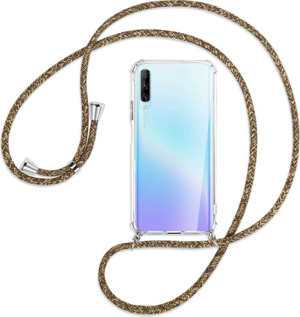 Handykette Backcover-Schutzhülle mit Band (Metall silberfarben) für Huawei P Smart Pro 2019 - braun+beige