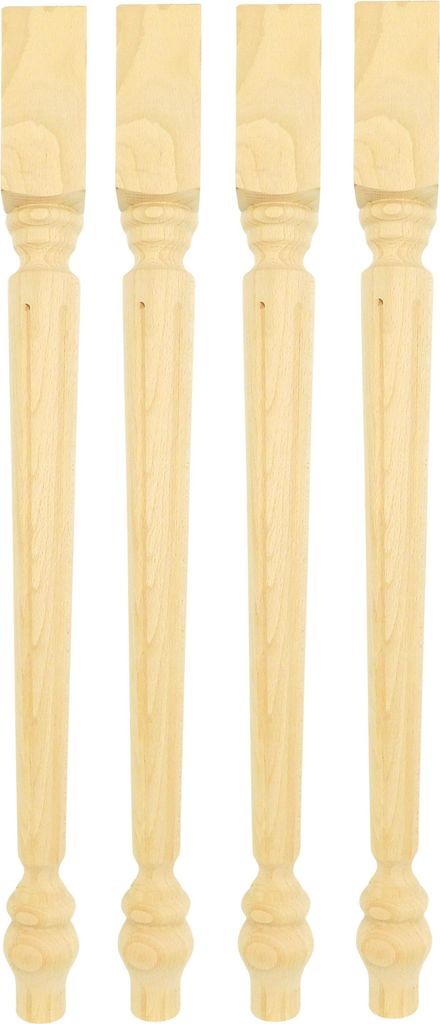 Four wooden table legs arranged vertically against a white background.