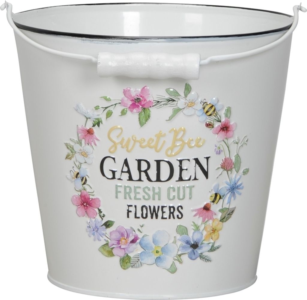 Metall Topf Garden weiss/bunt mit Henkel Übertopf