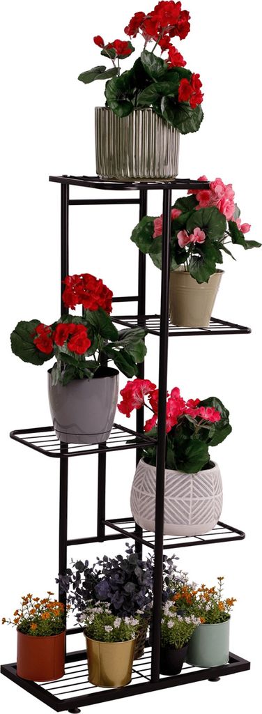 A multi-tiered metal plant stand filled with various potted flowering plants.