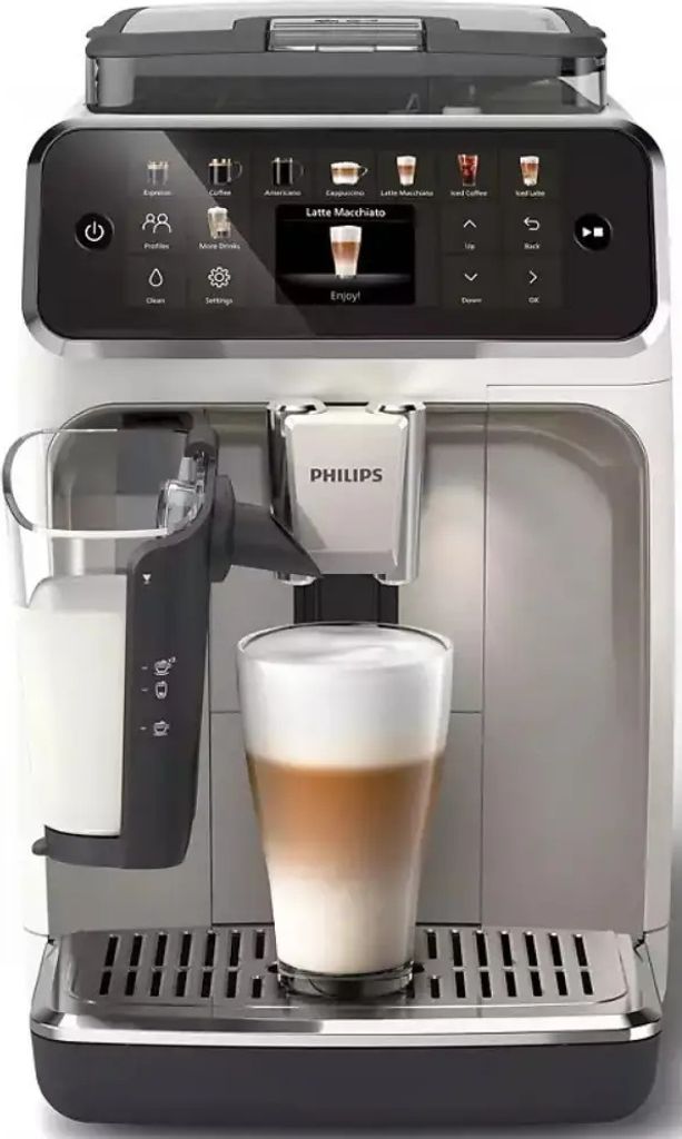 A Philips coffee maker is shown with a latte in a glass in front of it.