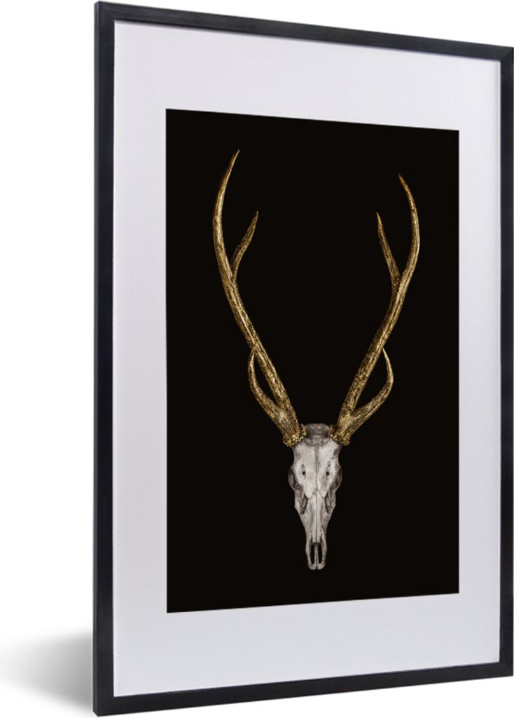 MuchoWow Gerahmtes Poster Hirsch - Totenkopf - Gold 40x60 cm - Poster mit Schwarzem Bilderrahmen Wandposter Rahmen Foto Bilder - Poster in Rahmen