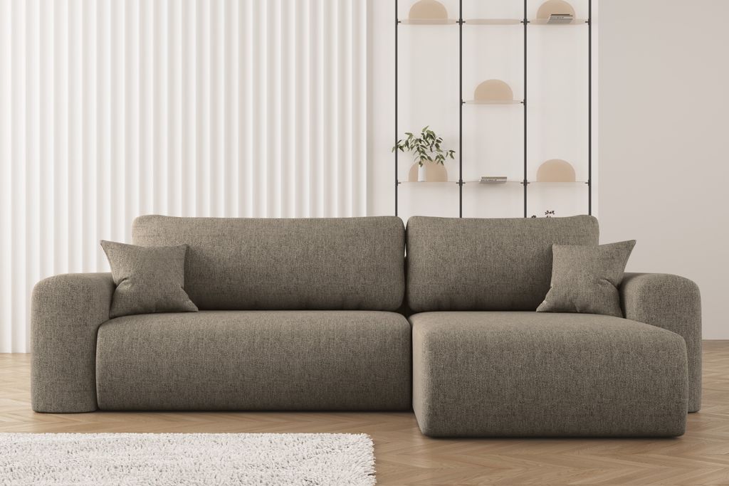 Ecksofa mit Schlaffunktion und Stauraum für Bettzeug, L-förmiges ,Capri Stoff Verita Rechts Dunkelbeige