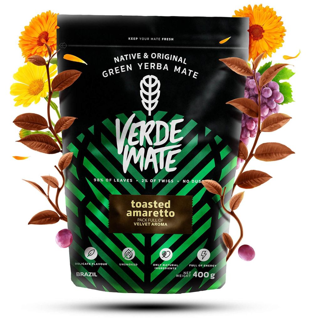 Verde Mate - Mate Tee Amaretto Tostada 400g - Gerösteter Yerba Mate - Mit Mandeln, Rosinen - Nussig-Süßer Geschmack - Brasilien