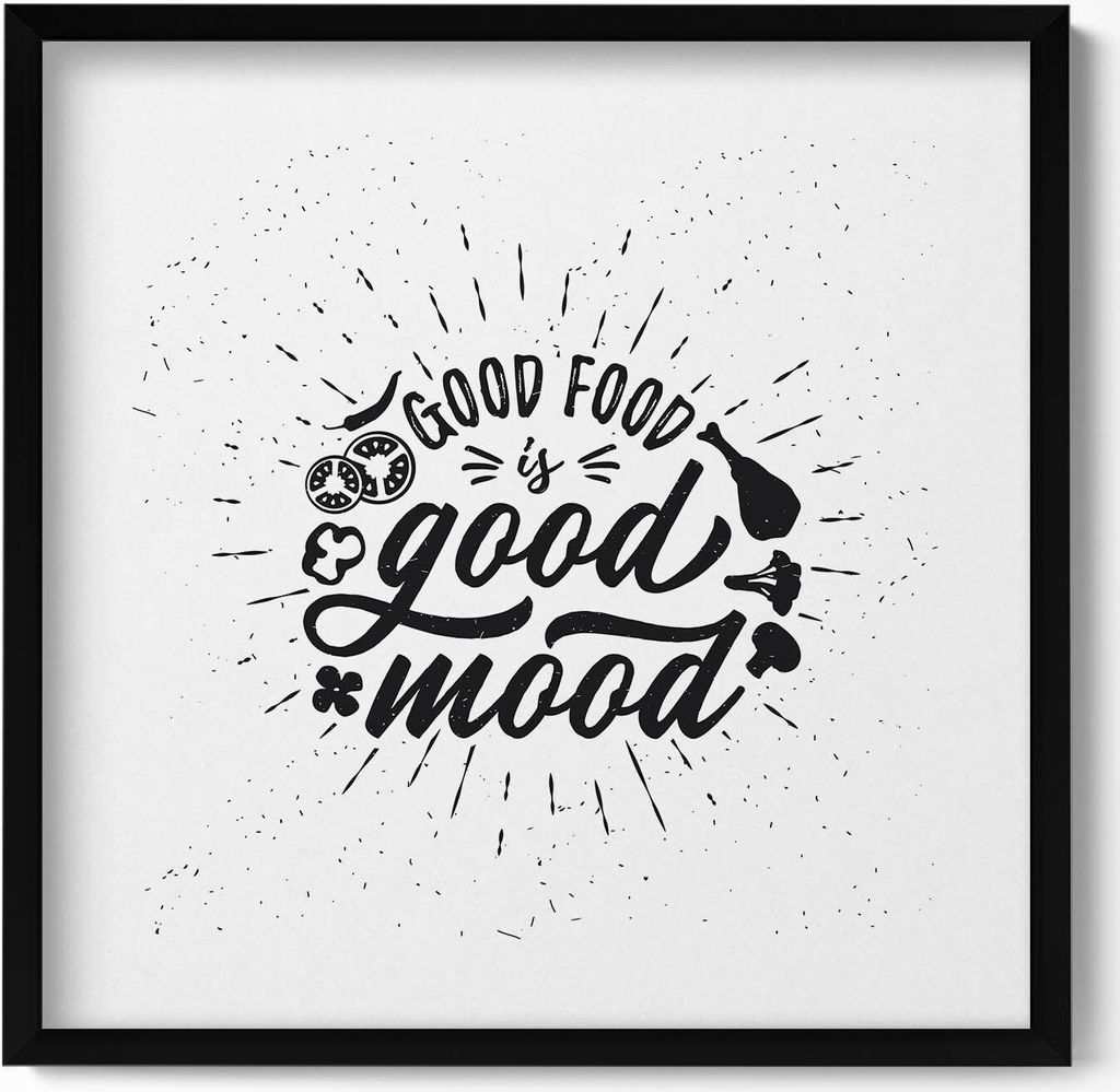 Gutes Essen macht gute Laune - Schriftzug für die Küche– Wandbild mit Rahmen – Gerahmtes Bild – Wanddekoration – 50x50 cm – Schwarz Rahmen