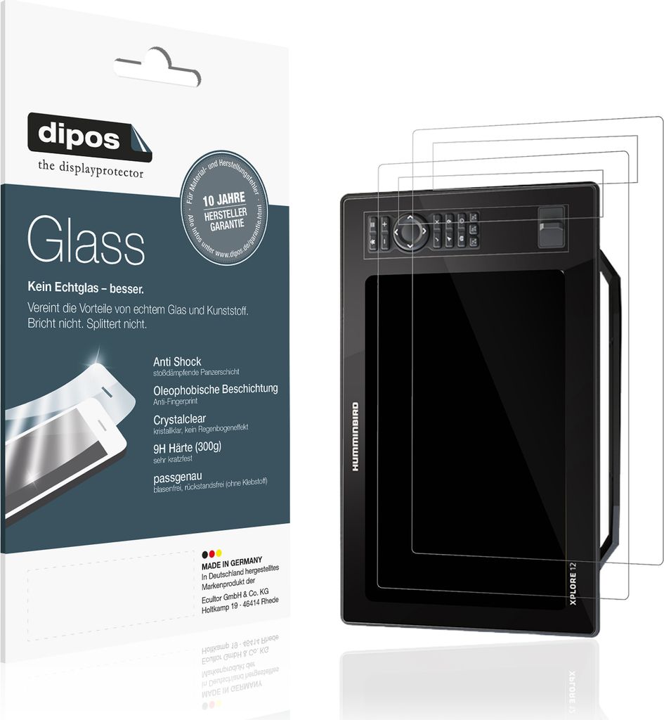 2x Schutzfolie für Humminbird Xplore 12 - Anti-Shock 9H Folie dipos Glass Kunststoffglas