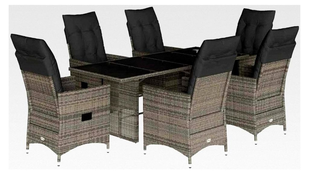 Garten Essgruppe 7-teilig, Gartenmöbel Set mit Kissen, Gartengarnitur Tisch und 6 verstellbaren Stühlen, Sitzgruppe für Garten und Terrasse, Gra...
