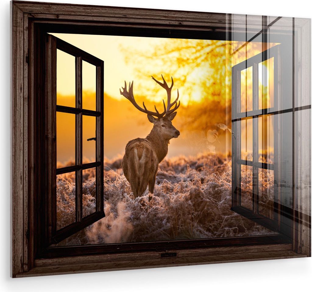 MuchoWow Glasbilder - Bilder auf Wandbild - Foto auf Glas Hirsche - Herbst - Tiere - Natur - Wald - Aussicht 80x60 cm Wanddekoration aus Glas - Acr...