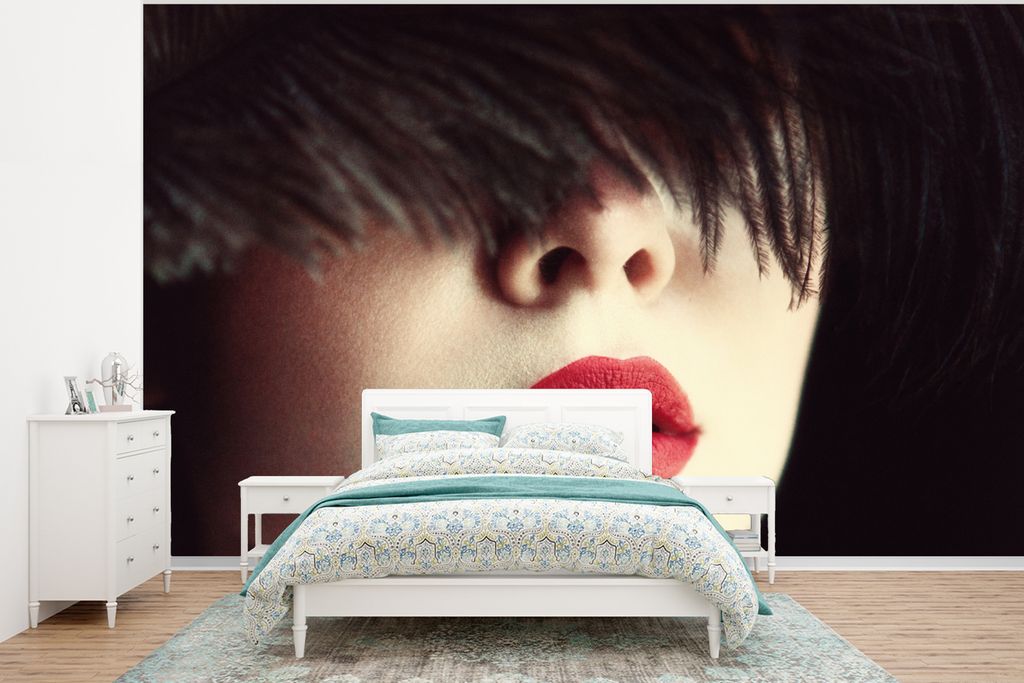MuchoWow Fototapete für Wohnzimmer oder Schlafzimmer Wandtapete Vinyl Motivtapete Frau - Lippen - Rot - Porträt - 320x240 cm - Tapeten