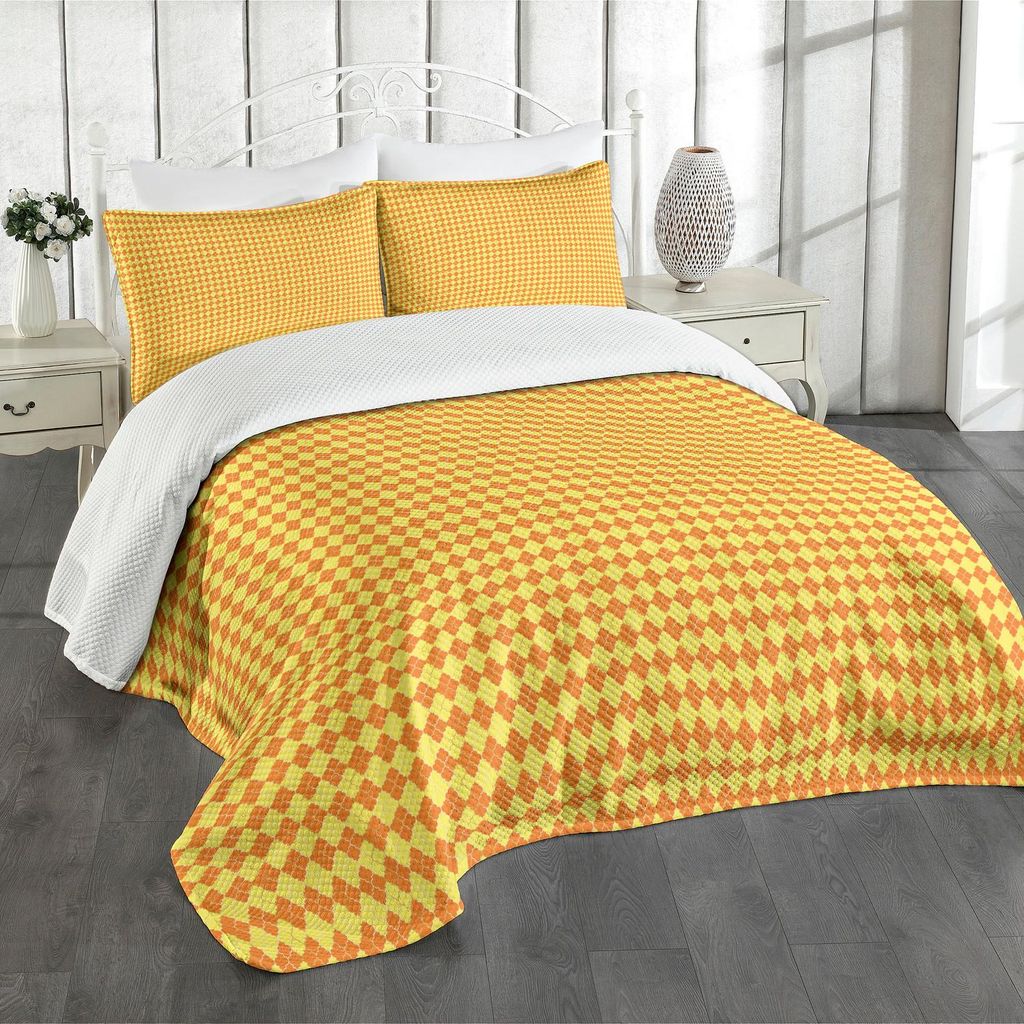 ABAKUHAUS Quatrefoil Tagesdecke Set, Klassisches orientalisches Motiv Rhombus mit Bicolor Design-Wiederholung, 220 x 220 cm, Orange Pastellgelb