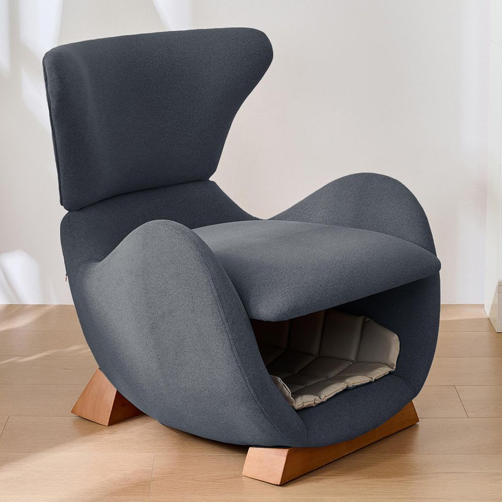 MODFU 2-in-1 Sessel Relaxsessel für Mensch und Haustier,Polstersessel Loungesessel mit Haustiernest unter der Sitzfläche,mit Massivholzfüße,Grau