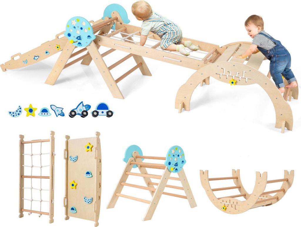 A collage of images showing a wooden indoor climbing structure for children, with children playing on it, and separate components of the structure.