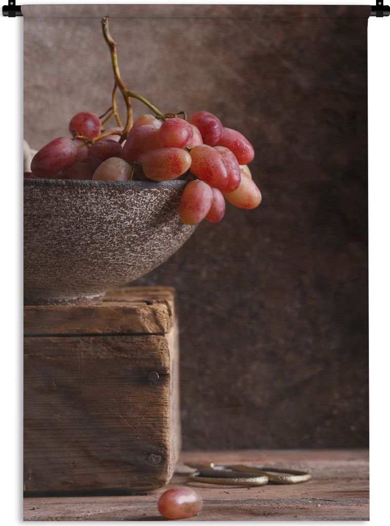 MuchoWow Wandteppich Wandbehang Rustikal - Weintrauben - Schale - Stilleben - Obst 90x135 cm Tapisserie Dekoration Wandtuch - Baumwolle - Wandsku...