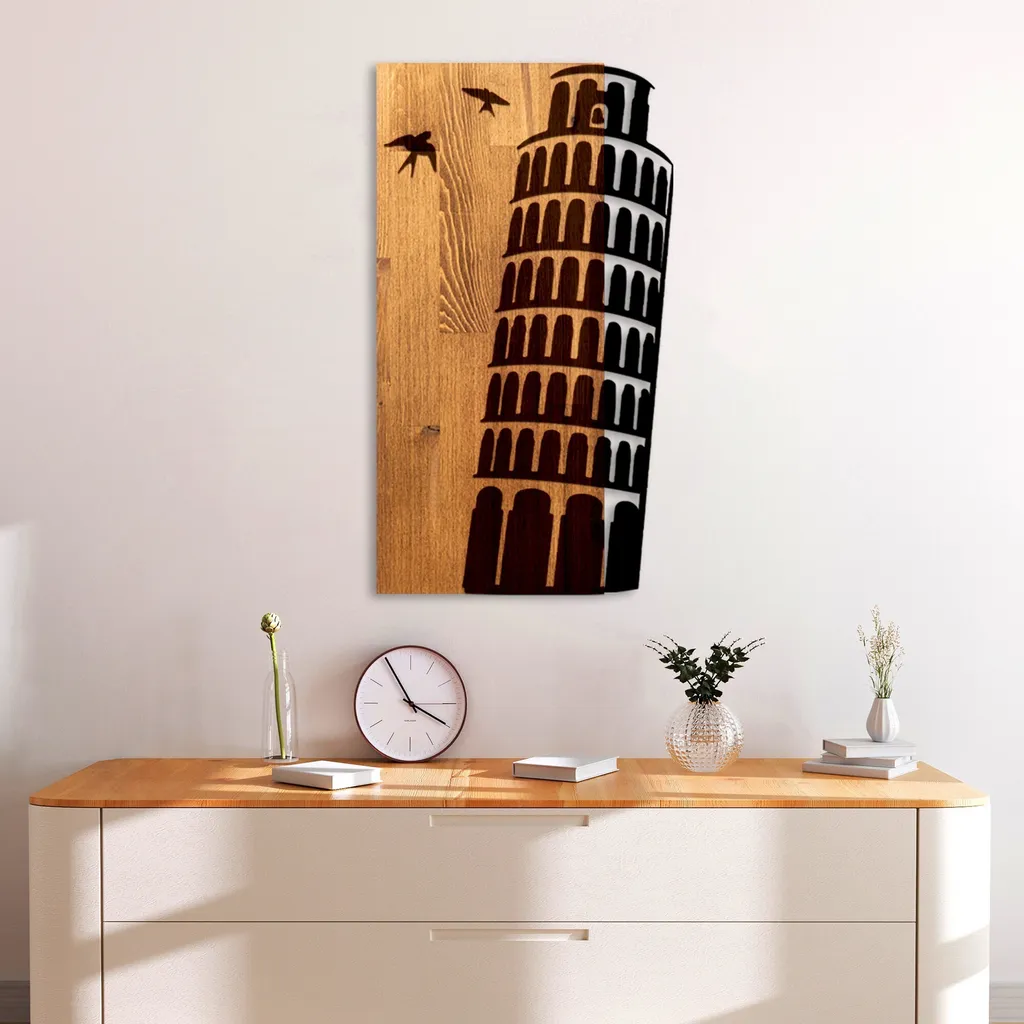 Décoration Murale Wallity Pisa Tower en Bois Noyer 50% et Métal 50%