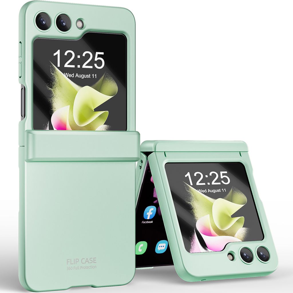 A mint green flip phone case is shown in an open and closed position against a white background.