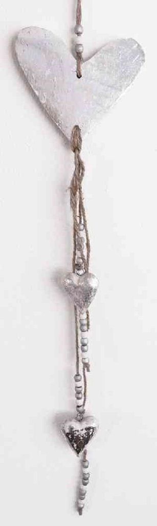 HOLZ-HERZ-HÄNGER mit 1x13cm Herz und 2x5cm Herzen. Länge 65cm. Silber