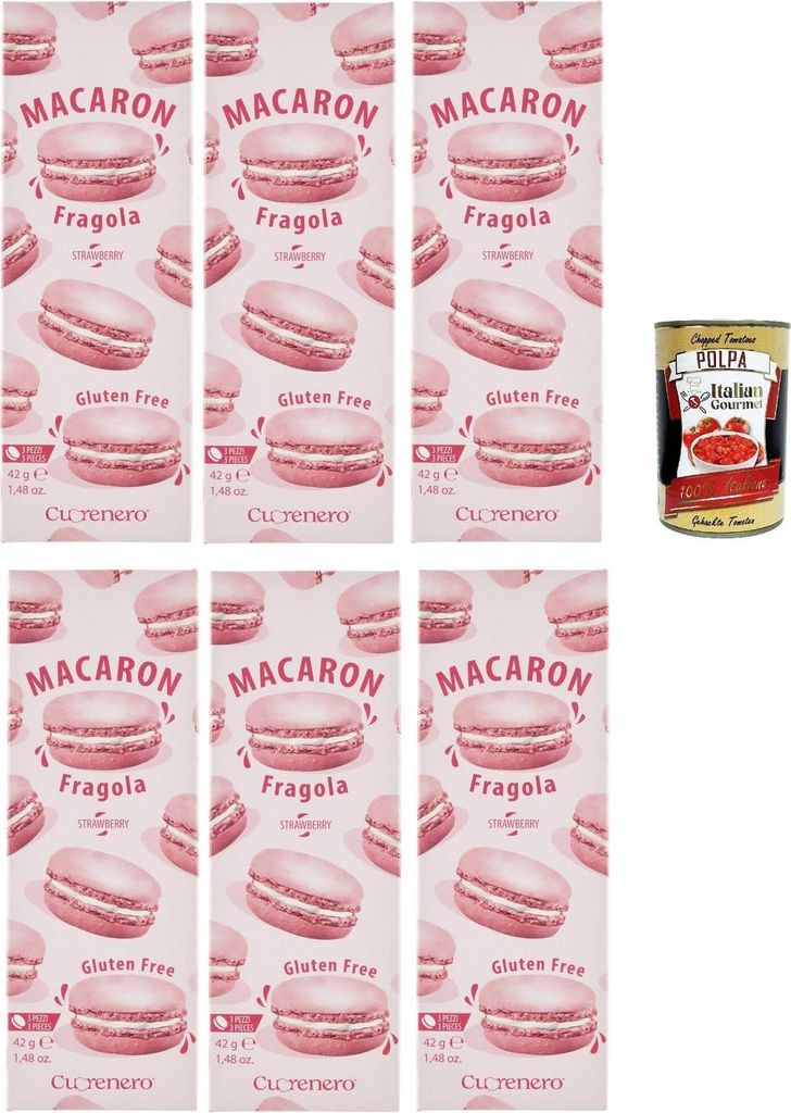 Cuorenero Macaron Fragola, gluten frei, gluten free, Kosher, Macaron Erdbeercreme 6x 42g + Italian Gourmet polpa 400g