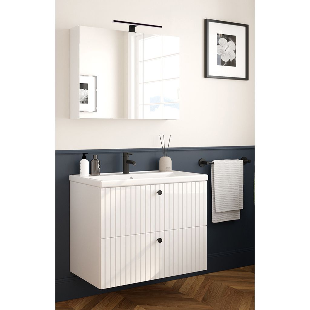Waschplatz Set, Waschtisch 80cm und Spiegelschrank, weiß Hochglanz gerillt RIVA-107, 2-teilig