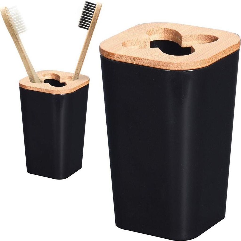 Bathroom Solutions Zahnputzbecher Zahnbürstenhalter Behälter für Zahnbürsten Zahnpasta schwarz mit Bambusdeckel für Badezimmer 11,5x7,5x7,5cm