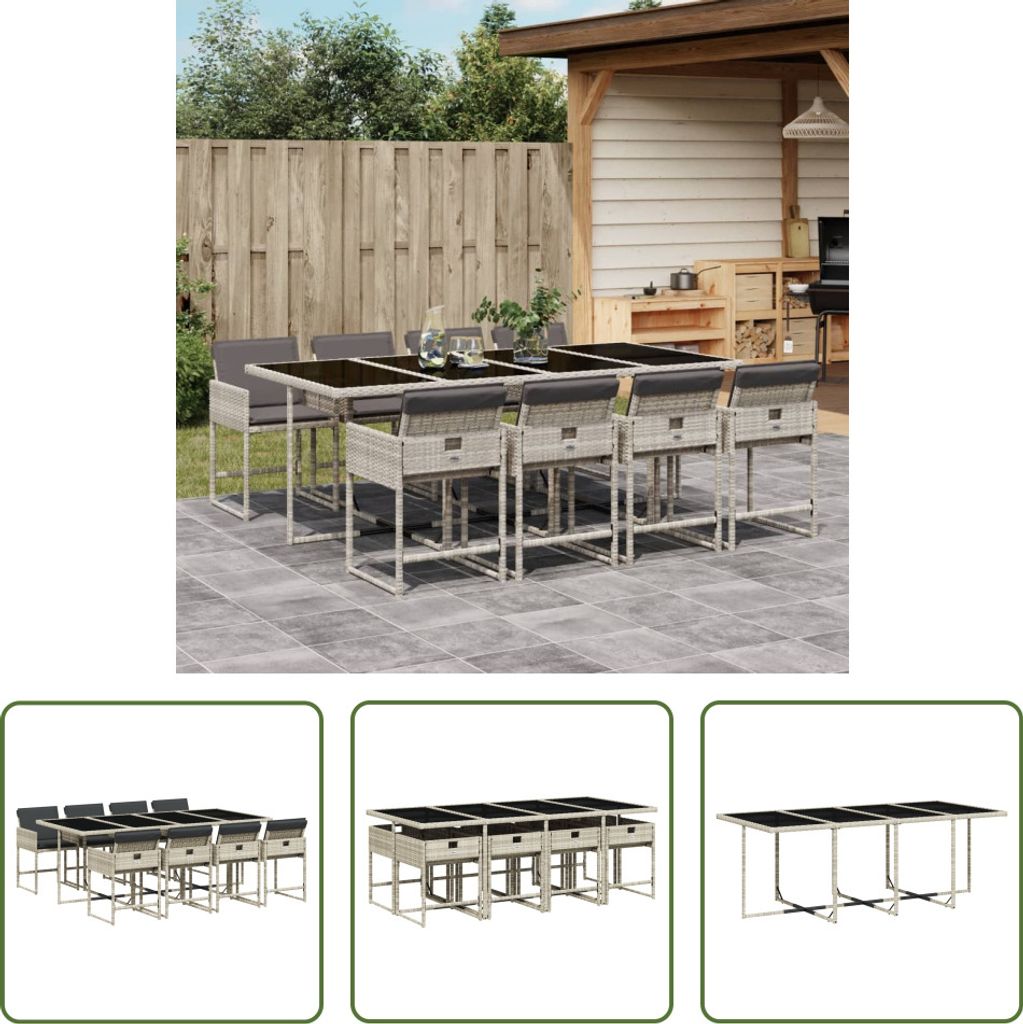 The Living Store 9-tlg. Garten-Essgruppe mit Kissen Hellgrau Poly Rattan