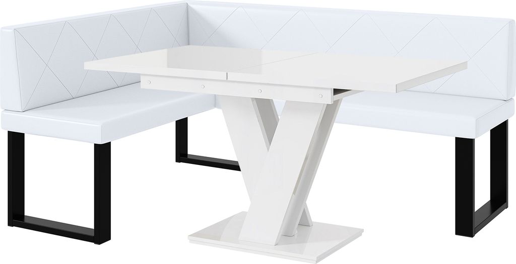 MEBLINI Eckbank für Esszimmer mit ausziehbarem Tisch - Küchenbank - Essecke - Sitzecke Küche - ERIC - U-Beine 128x168x87cm Links - Weiß Kunstle...