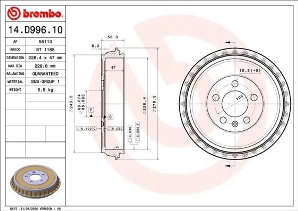 Tambour de Frein Brembo 14.D996.10 pour Entretien VW Polo et T-Cross C11