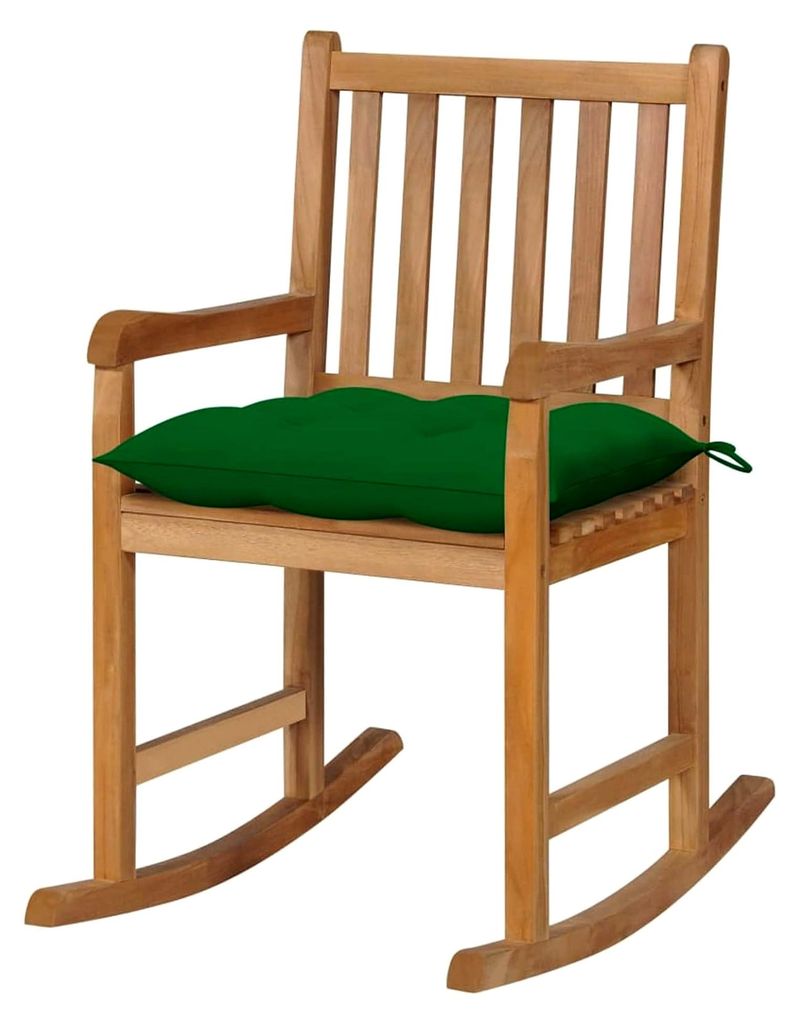 Schaukelstuhl mit grünem Kissen aus massivem Teakholz, Sessel für Wohnzimmer mit Schlaffunktion