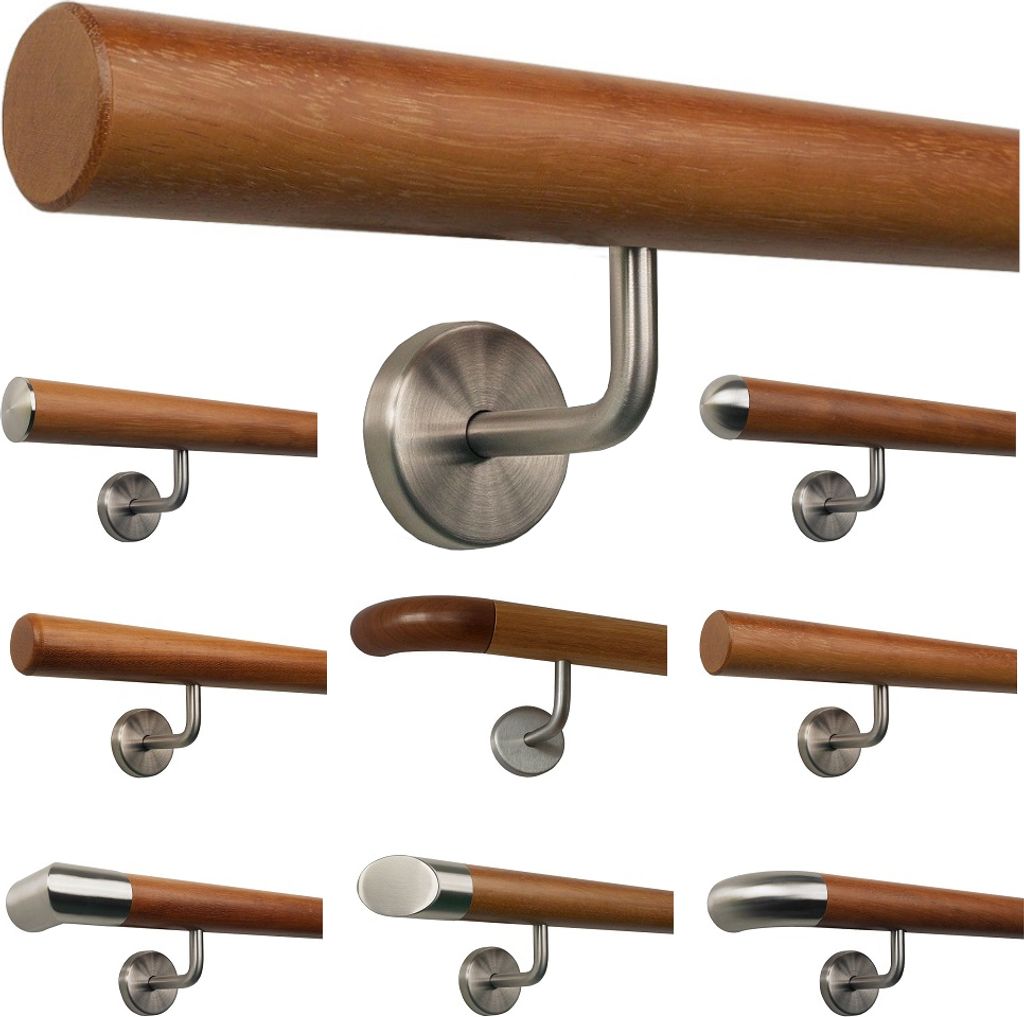 TIBU Kambala Handlauf Holz Ø 42 mm gewinkelte Edelstahlhalter, Länge 350 cm mit 5 Halter und Ende gefast