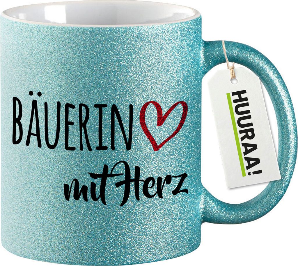 Huuraa Glitzertasse Bäuerin mit Herz 330ml Blau Keramik Kaffeebecher Geschenkidee