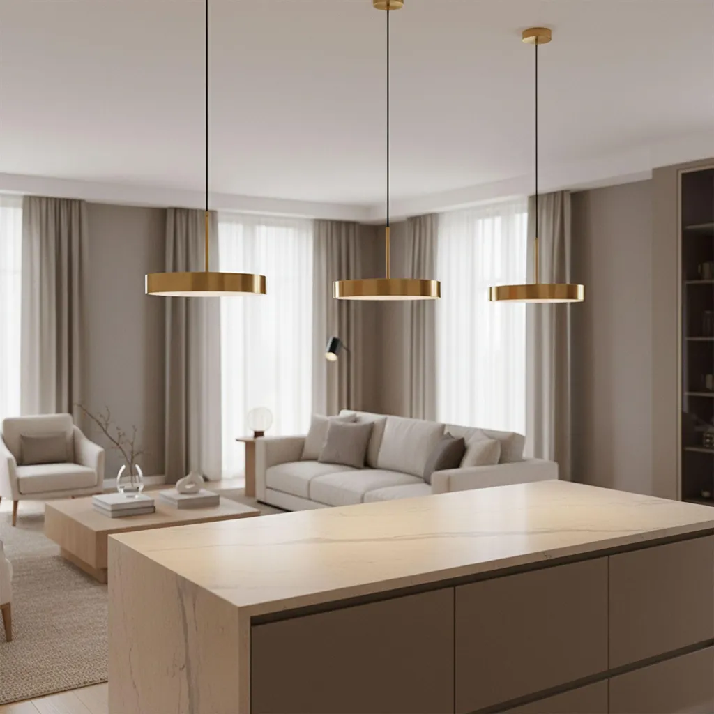 Lustre Suspendu LED Couleur Or Brossé au Design Épuré et Luxueux